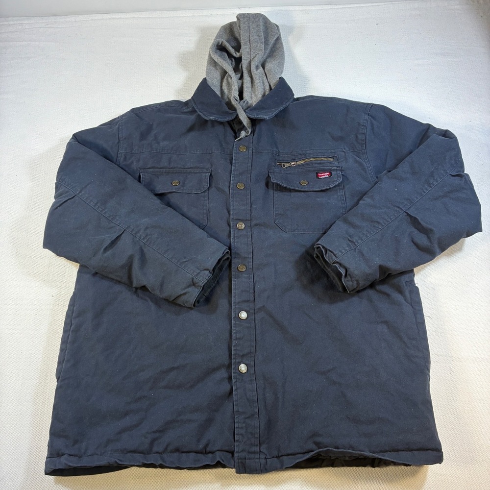 Wrangler Workwear Jacket Mens XL Navy Blue Canvas‎ Hooded Quilted Lined